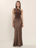 Satin One Shoulder Patchwork Maxi Dress - Sleeveless Backless Slim Club Evening Outfit
