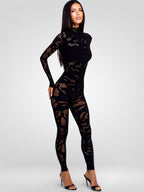 Sheer Hollow Long Sleeve Bodycon Jumpsuit