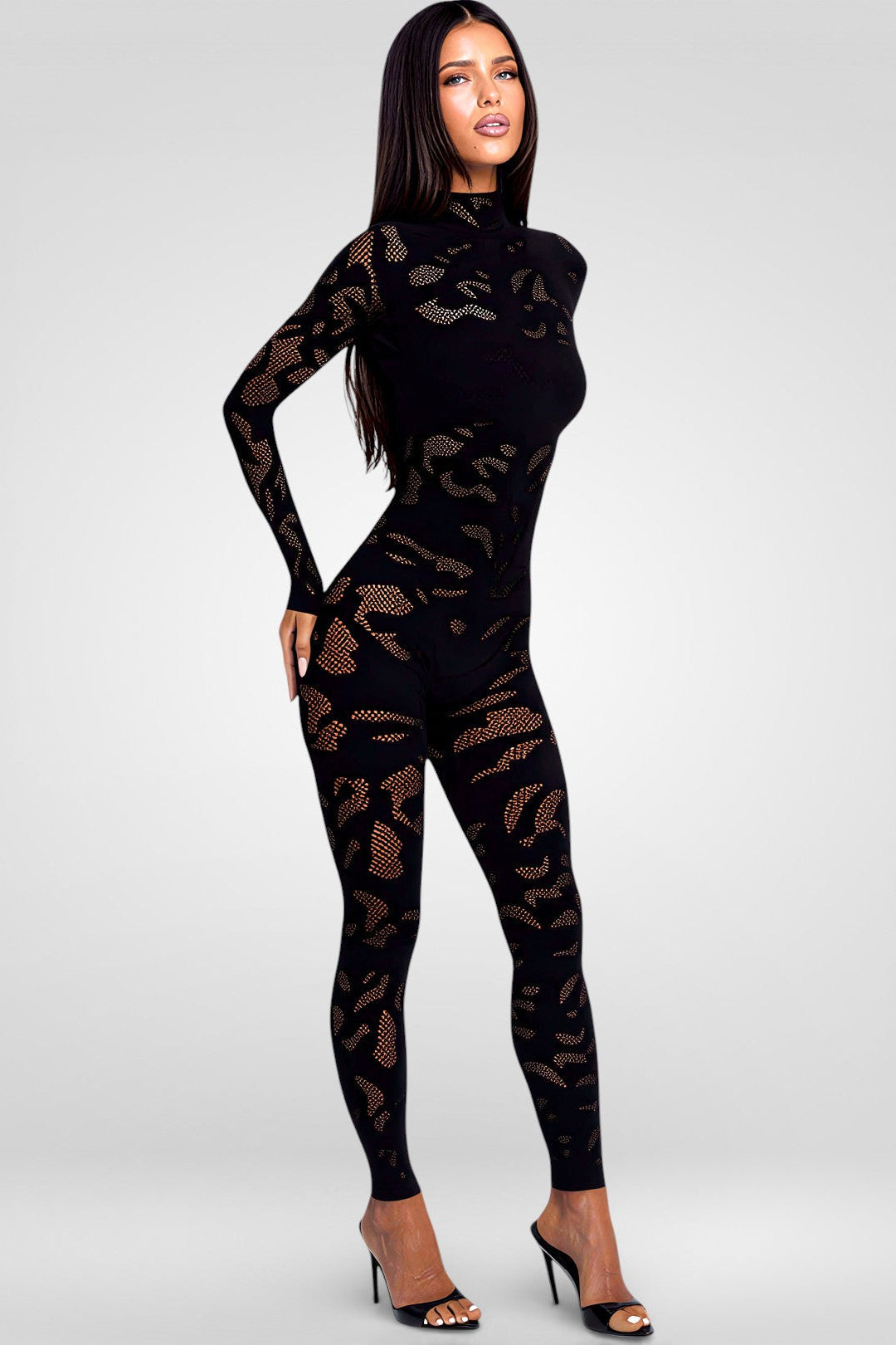 Black fishnet bodysuit worn by a model on a white background