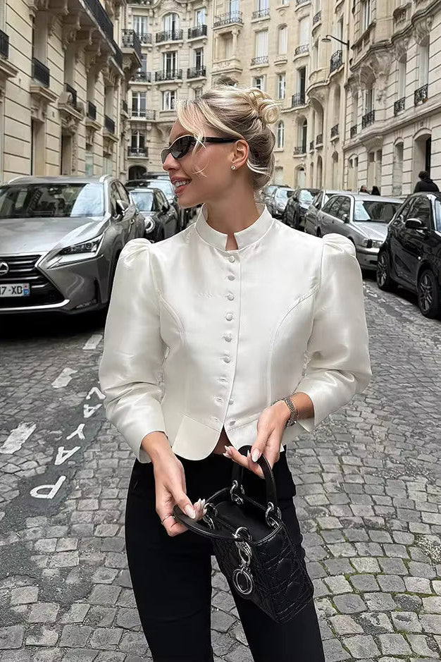 Strukturierte Satin-Schößchenbluse – Weiß