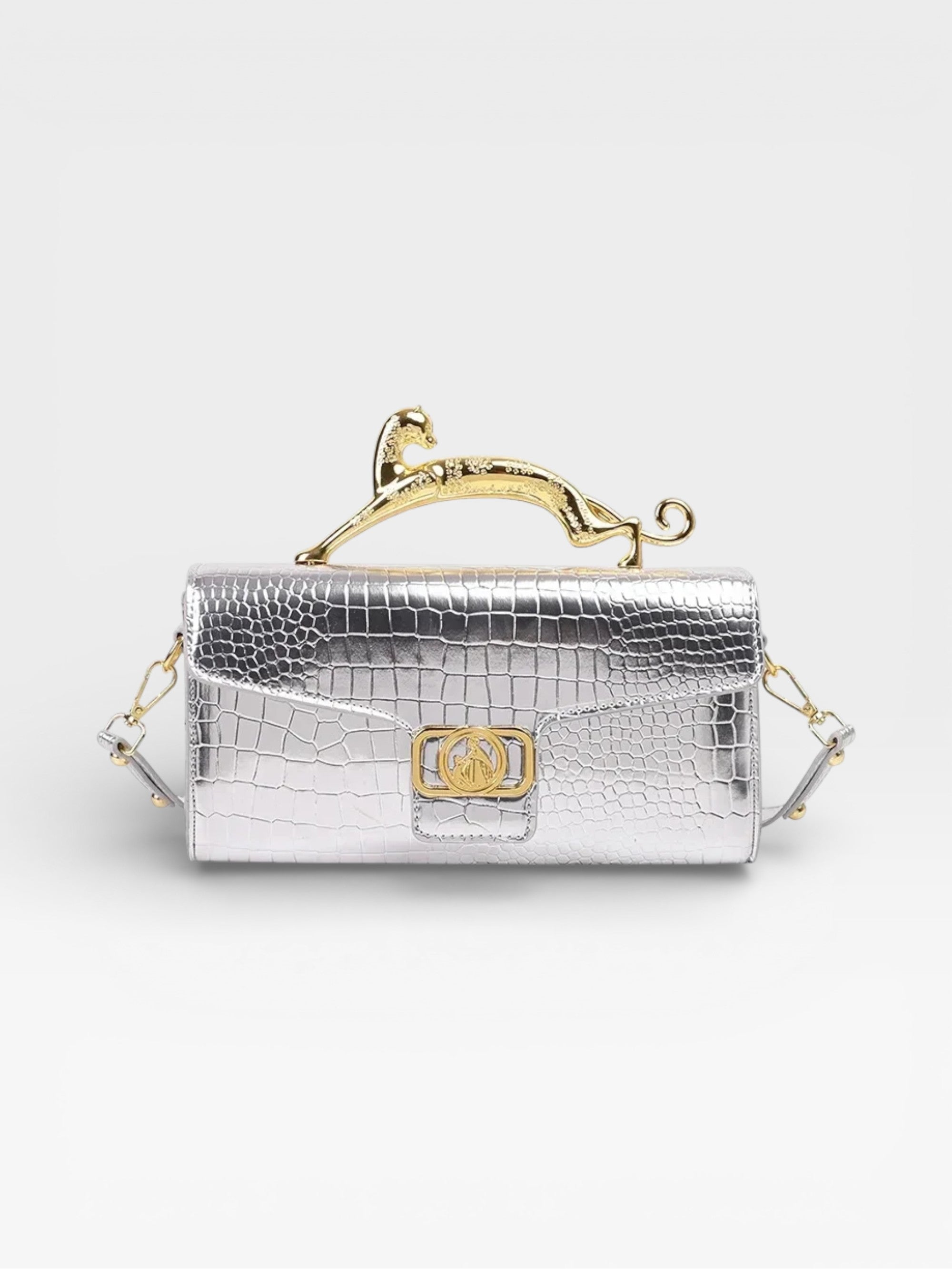 Croc-Embossed Luxe Bag with Golden Panther Handle