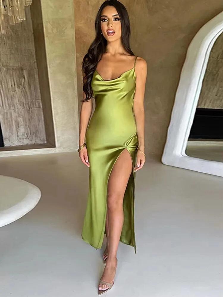 Elegant Satin Evening Dress – Backless Slim Fit with Side Slit