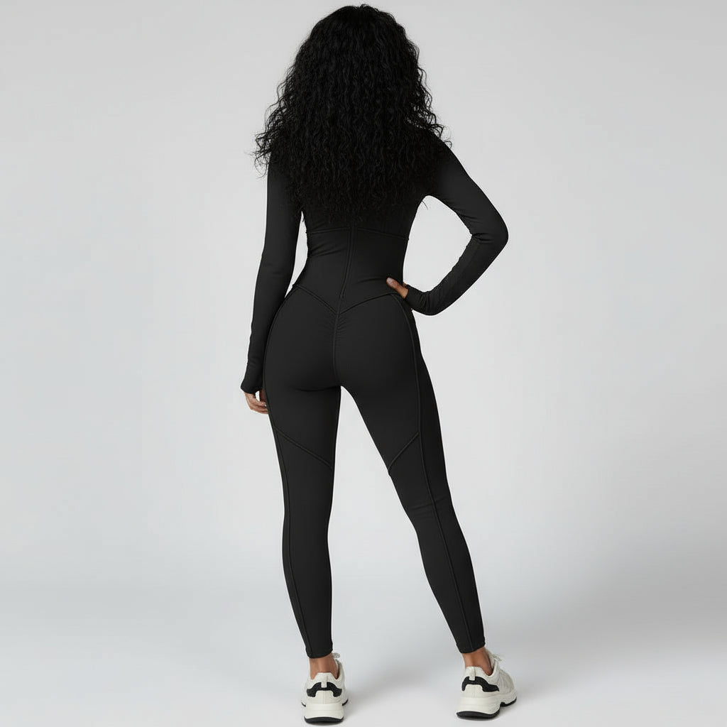 Sculpted Compression Zip-Up Jumpsuit -Black