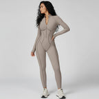Sculpted Compression Zip-Up Jumpsuit -Beige