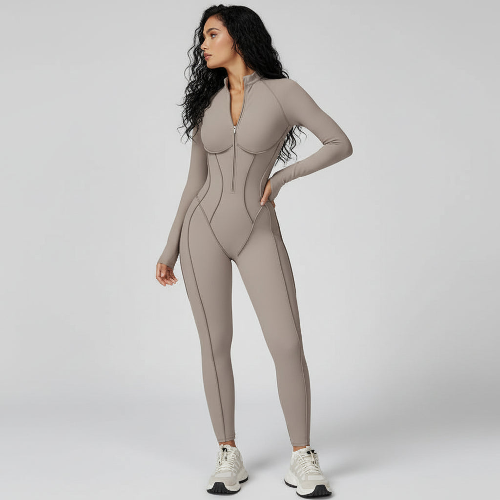 Sculpted Compression Zip-Up Jumpsuit -Beige