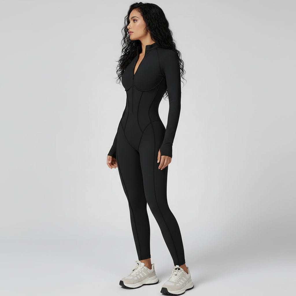 Sculpted Compression Zip-Up Jumpsuit -Black