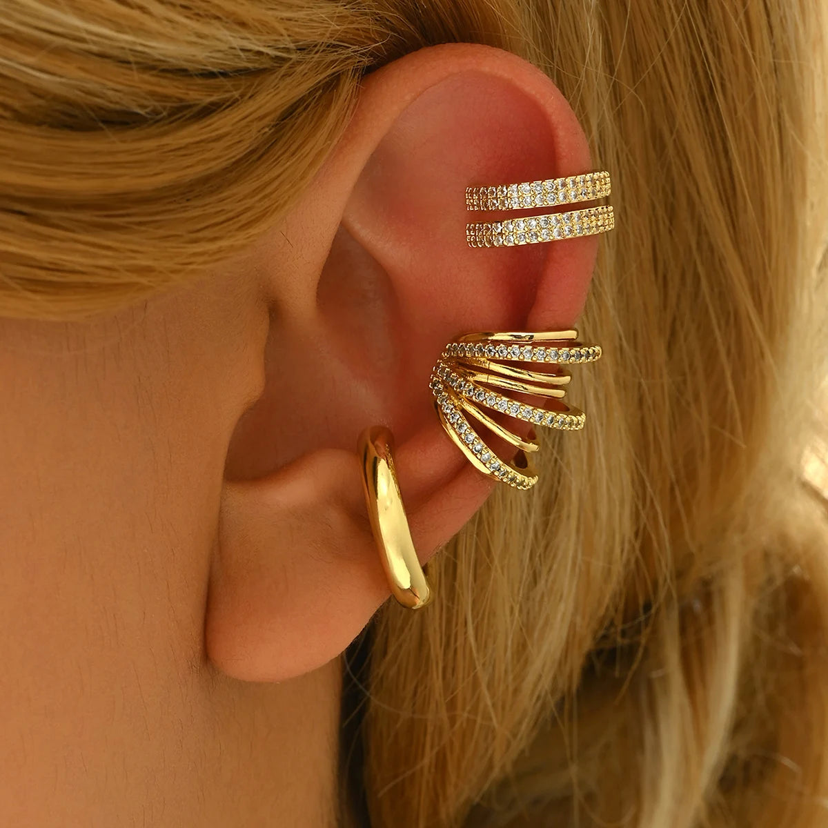 3pcs Gold Zircon Clip-On Earrings Set for Women – Non-Piercing Cuff Style, Trendy Geometric Design