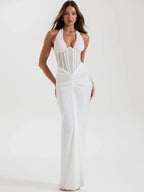 Halter Backless Maxi Dress – Sexy V-Neck Draped Bodycon Gown for Women’s Club & Party Wear
