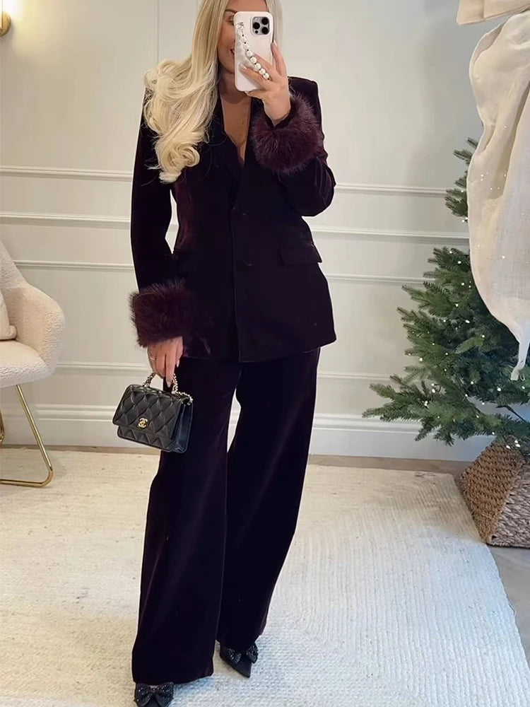 Elegant Velvet Blazer & Wide-Leg Pants Set with Fur Trim