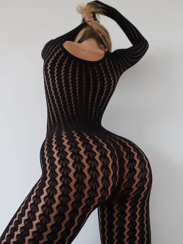 Sheer Hollow Long Sleeve Jumpsuit
