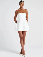 Pearl Strapless Mini Dress – Sexy Backless Bow Club Dress for Women