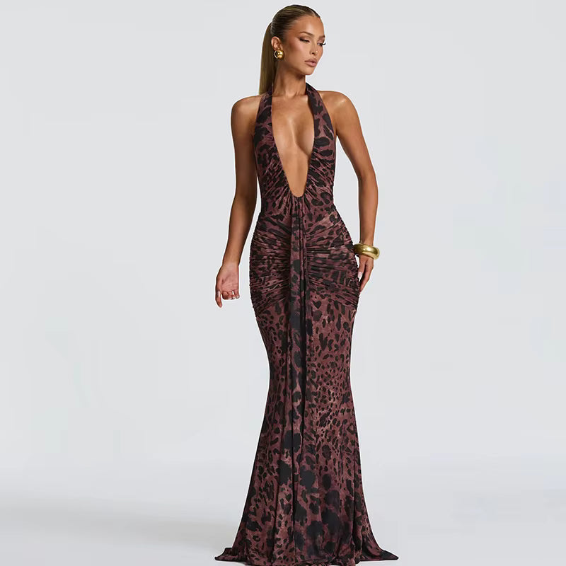 Leopard Print Halter Backless Maxi Dress – Sexy Draped Clubwear Gown