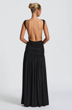 Metal Flower Backless Ruched Maxi Dress
