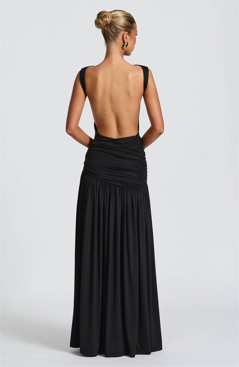 Metal Flower Backless Ruched Maxi Dress