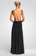 Metal Flower Backless Ruched Maxi Dress