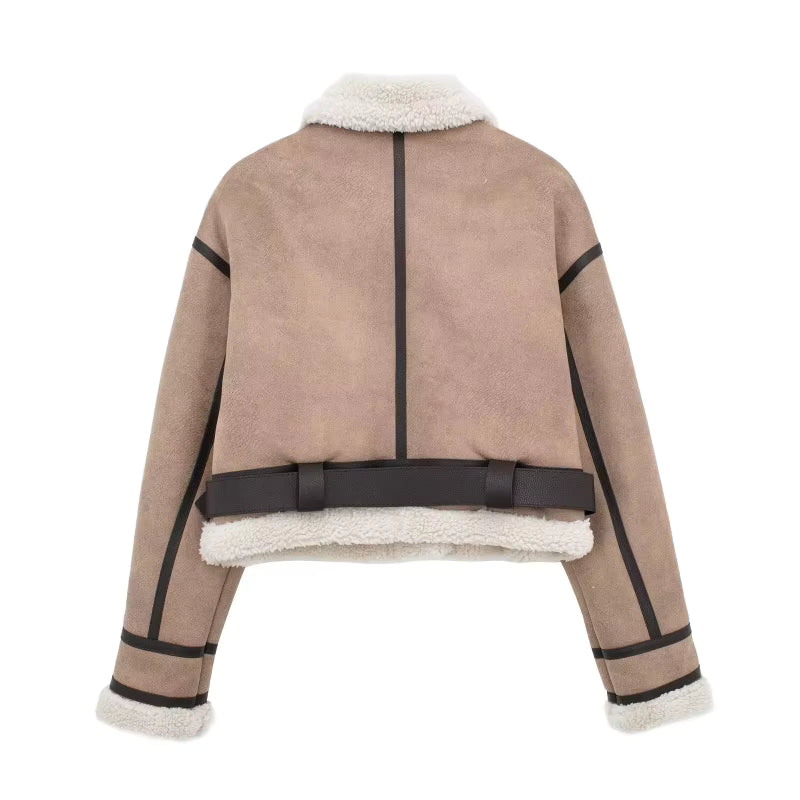 Women’s Sheepskin-Style Thermal Bomber Jacket – Thick Vintage Winter Coat with Sash & Lapel