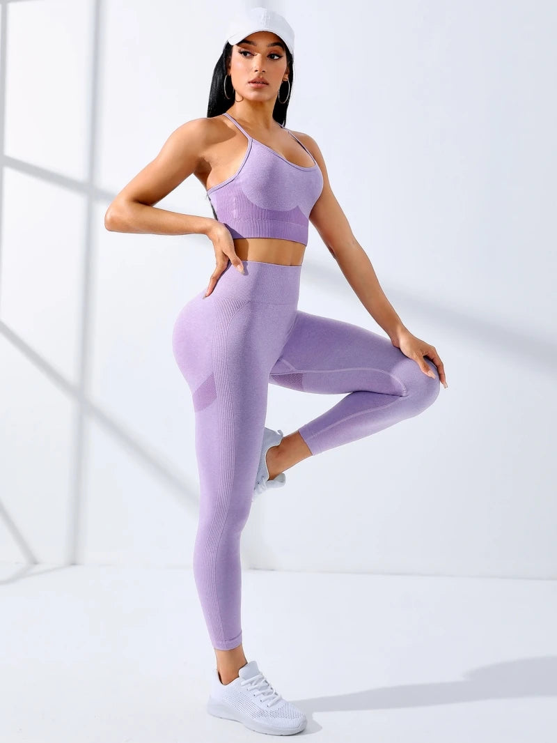 2-Piece Seamless Yoga Set – Stretch Leggings & Thin Strap Sports Bra Workout Outfit
