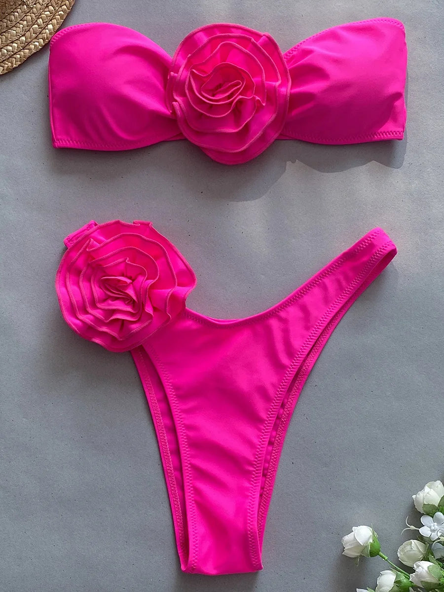 Romantic 3D Flower Bikini Set – Bandeau Swimwear with Feminine Charm