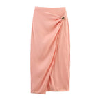 Women’s Pink Satin 2-Piece Skirt Set – Backless Halter Crop Top & High Waist Pleated Midi Skirt