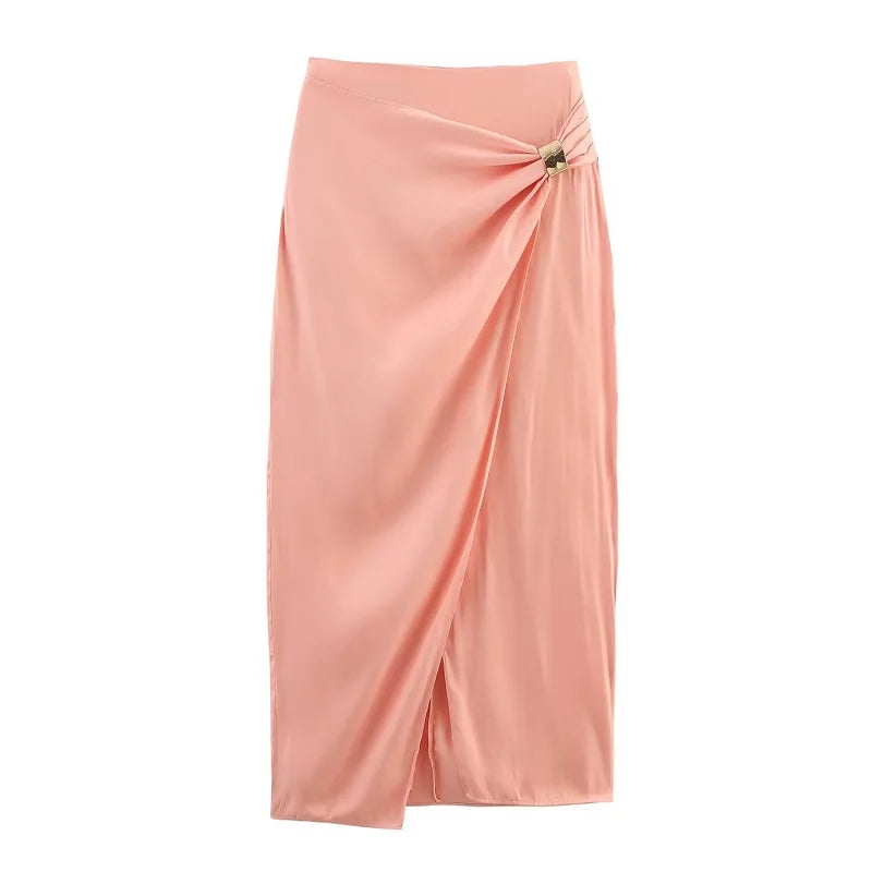 Women’s Pink Satin 2-Piece Skirt Set – Backless Halter Crop Top & High Waist Pleated Midi Skirt