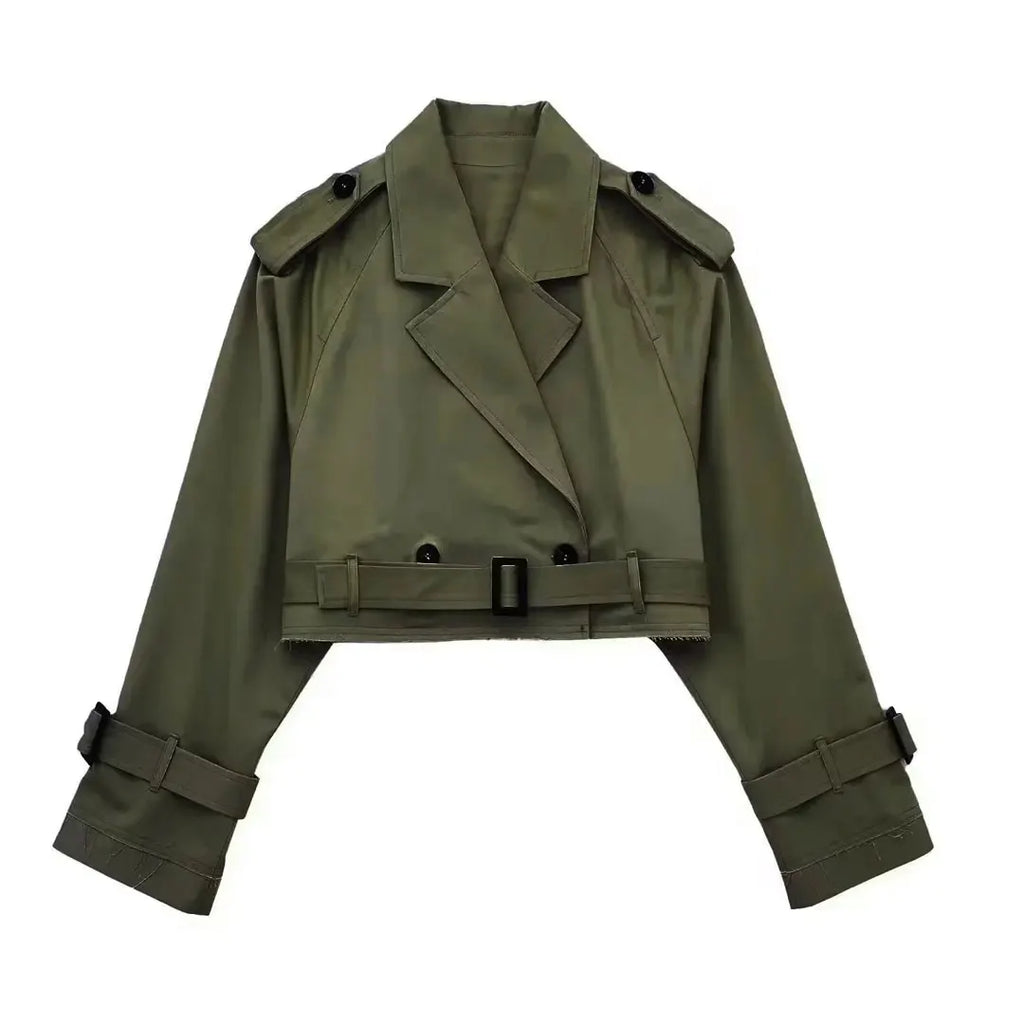 Women’s Cropped Double-Breasted Windbreaker – Retro Belted Streetwear Trench Jacket