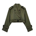 Women’s Cropped Double-Breasted Windbreaker – Retro Belted Streetwear Trench Jacket