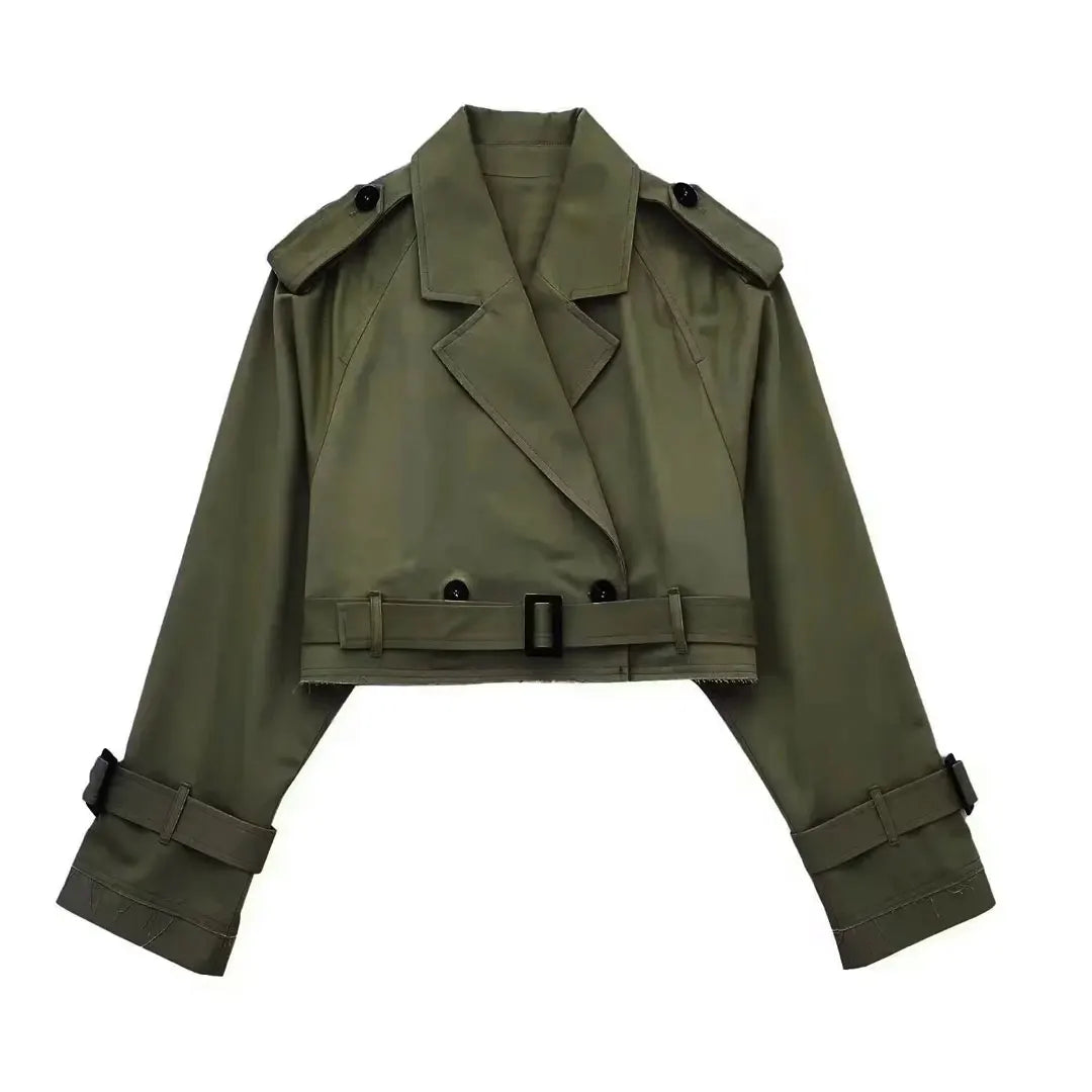 Women’s Cropped Double-Breasted Windbreaker – Retro Belted Streetwear Trench Jacket