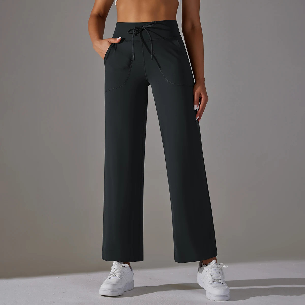 Flared Yoga Pants – High Waist Drawstring Fit with Side Pockets