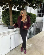 Burgundy Faux Fur Coat – Vintage Long Sleeve High Street Jacket for Women
