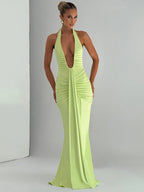 Deep V-Neck Ruched Maxi Dress – Backless Halter Club Dress for Women