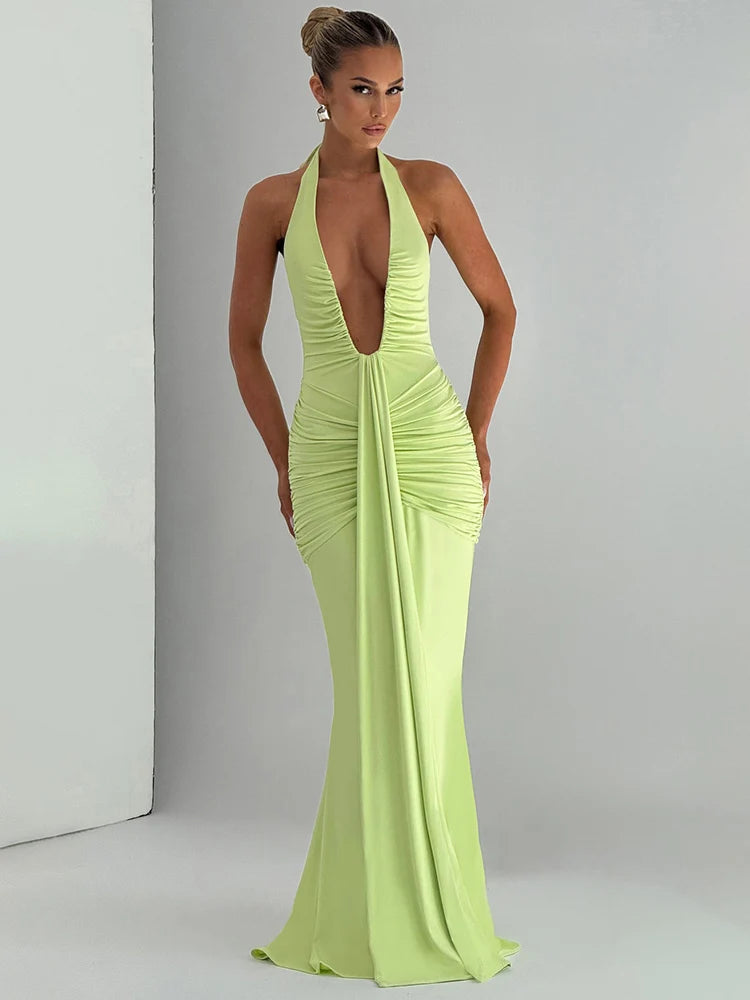 Deep V-Neck Ruched Maxi Dress – Backless Halter Club Dress for Women