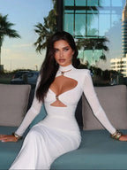 Women's Cut-Out Turtleneck Midi Dress – V-Neck Long Sleeve Column Gown