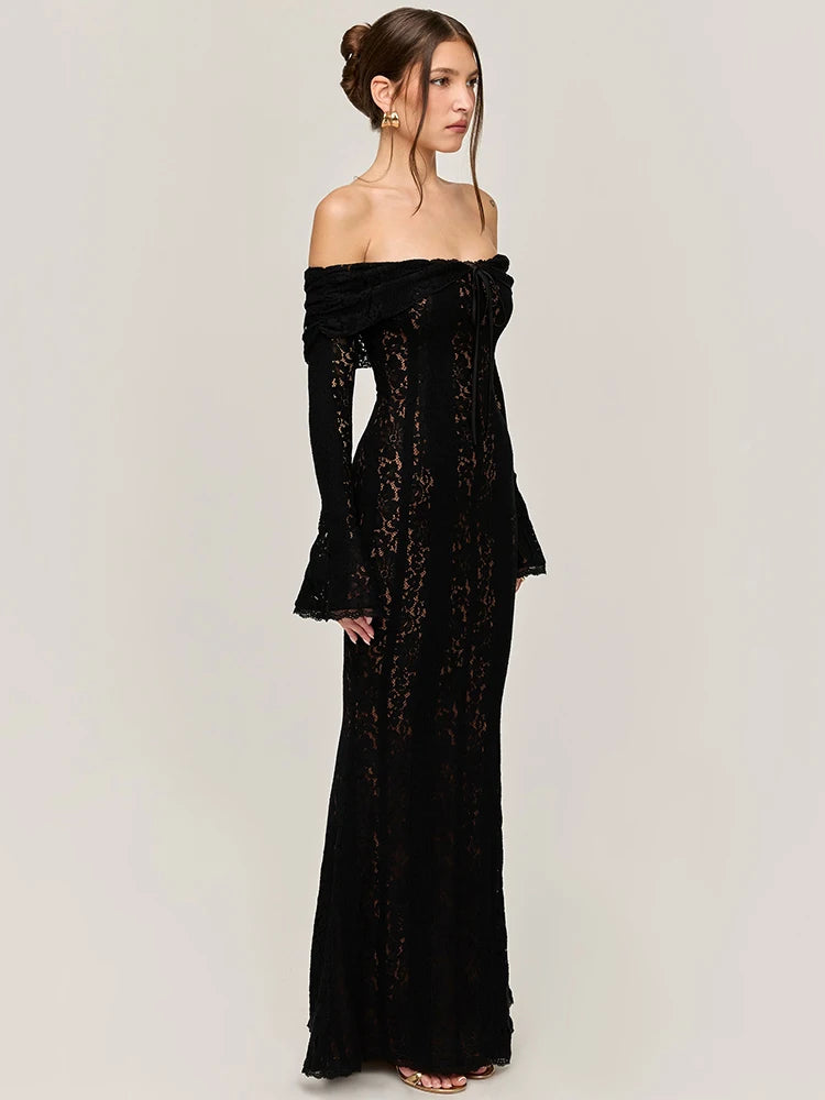 Black Lace Off-Shoulder Maxi Dress – Elegant Backless Long Sleeve Gown