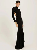 Backless Black Long Sleeve Maxi Dress – Elegant Bodycon Party Gown for Women