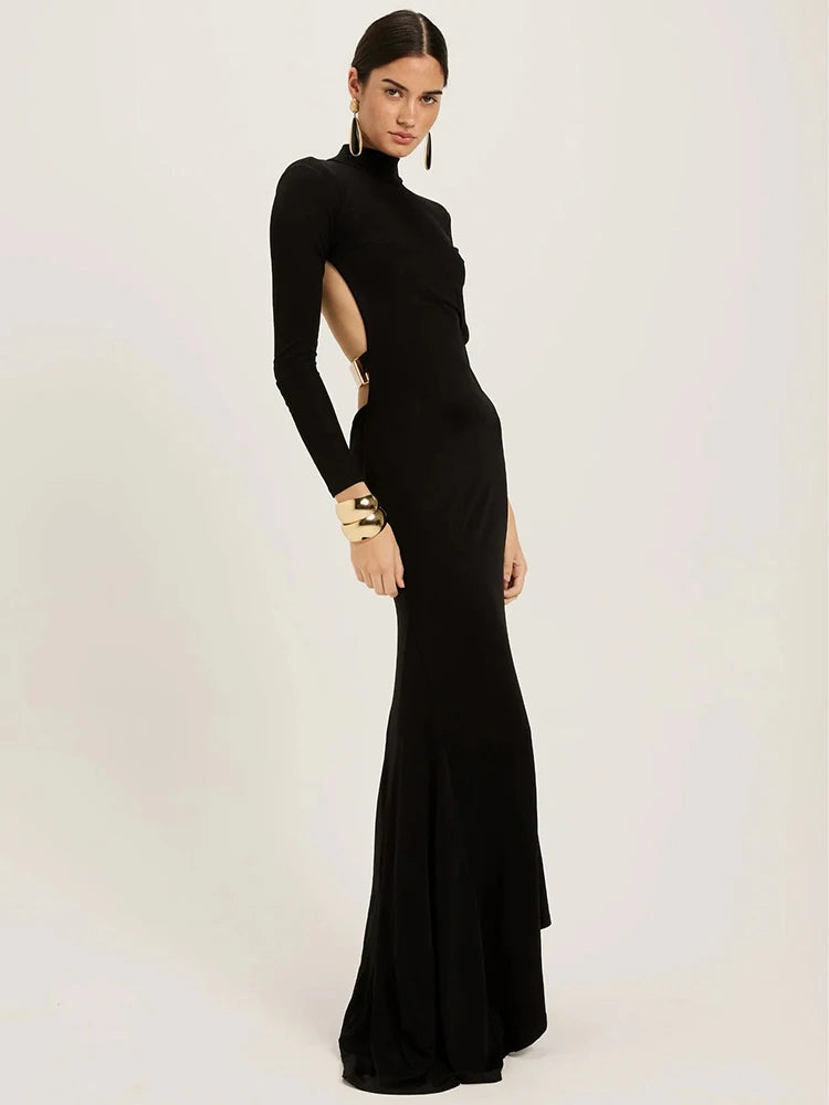 Backless Black Long Sleeve Maxi Dress – Elegant Bodycon Party Gown for Women