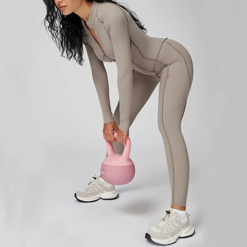 Sculpted Compression Zip-Up Jumpsuit -Beige