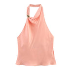 Women’s Pink Satin 2-Piece Skirt Set – Backless Halter Crop Top & High Waist Pleated Midi Skirt