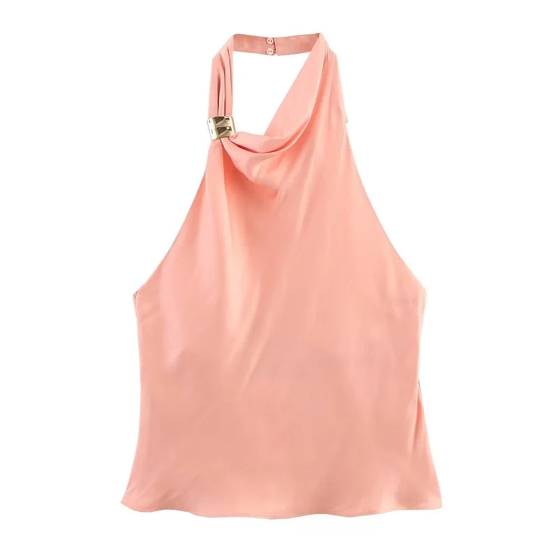 Women’s Pink Satin 2-Piece Skirt Set – Backless Halter Crop Top & High Waist Pleated Midi Skirt