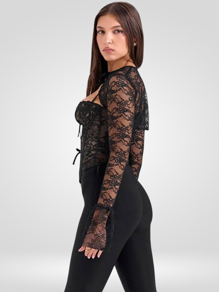 Sheer Lace Flare Sleeve Club Top