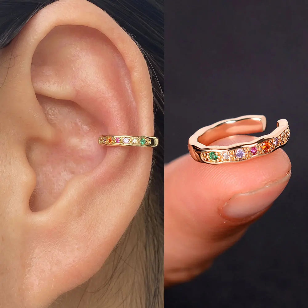 1pc Rainbow CZ Clip-On Ear Cuff – Non-Piercing Geometric Wrap Earring for Women & Girls