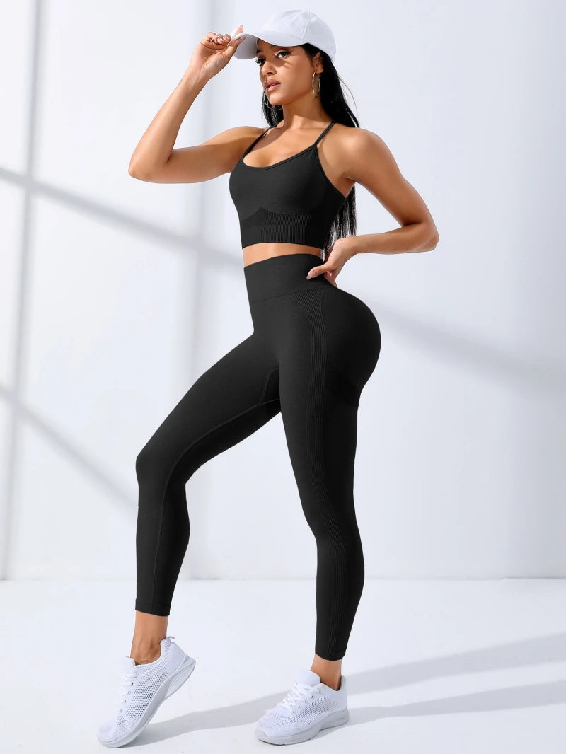 2-Piece Seamless Yoga Set – Stretch Leggings & Thin Strap Sports Bra Workout Outfit