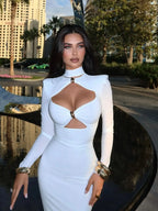 Women's Cut-Out Turtleneck Midi Dress – V-Neck Long Sleeve Column Gown