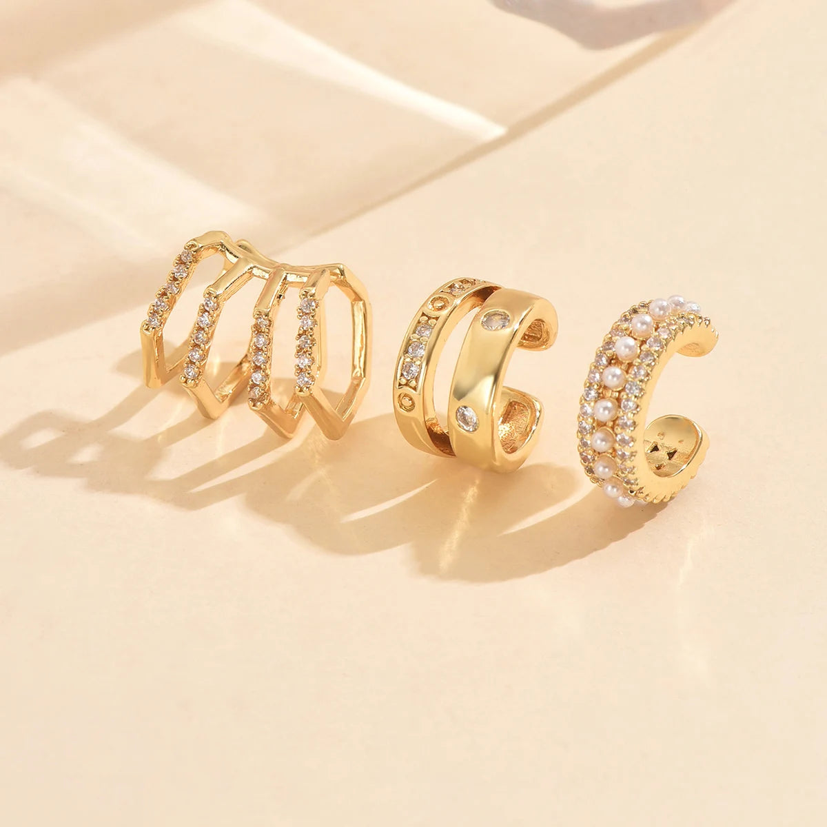 3pcs Gold Zircon Clip-On Earrings Set for Women – Non-Piercing Cuff Style, Trendy Geometric Design
