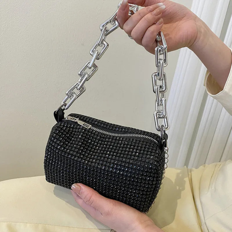Mini sac seau à strass – Sac bandoulière en forme de coussin pailleté avec bandoulière chaîne pour femme