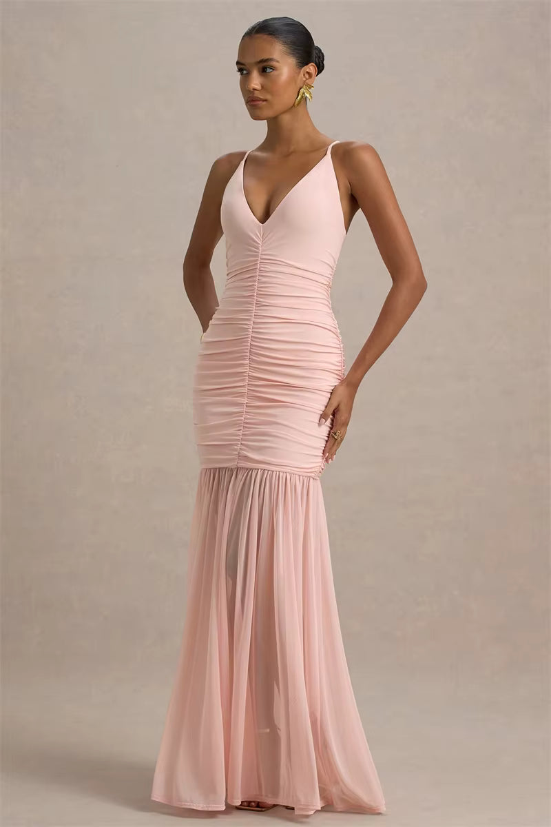 Backless Pleated Spaghetti Strap Maxi Dress – Elegant Ruched V-Neck Gown