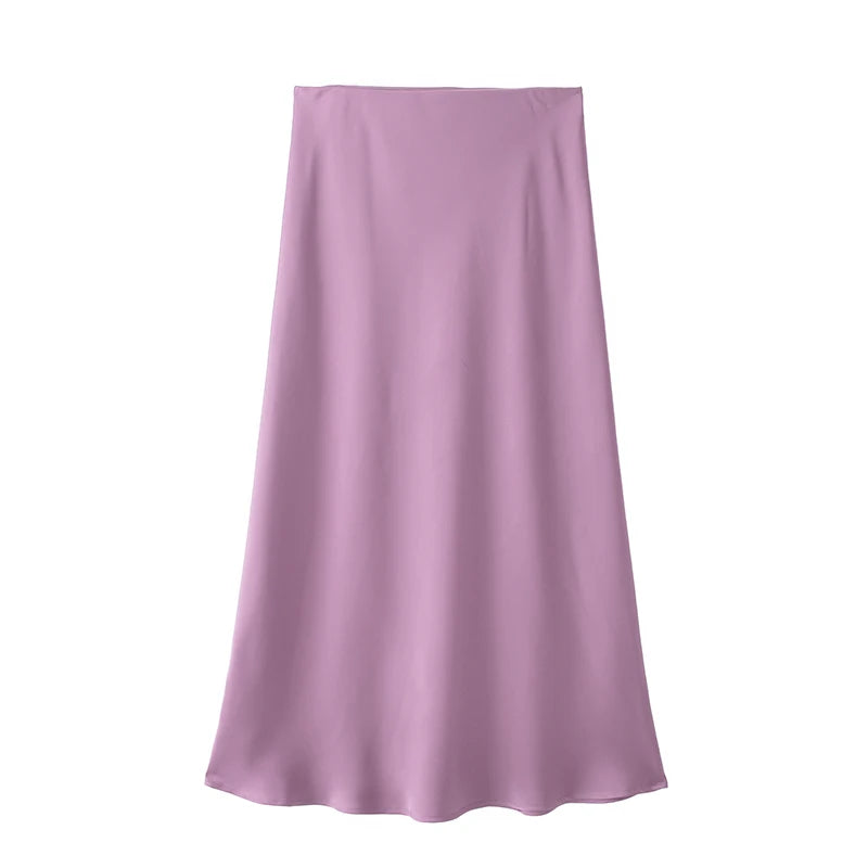 Elegant Satin High Waist Midi Skirt – Office Chic Summer Style for Women