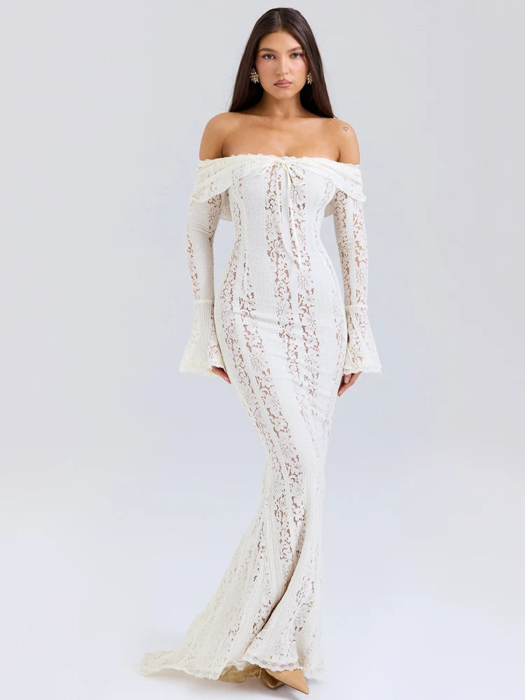 White Lace Off-Shoulder Maxi Dress – Elegant Backless Long Sleeve Gown