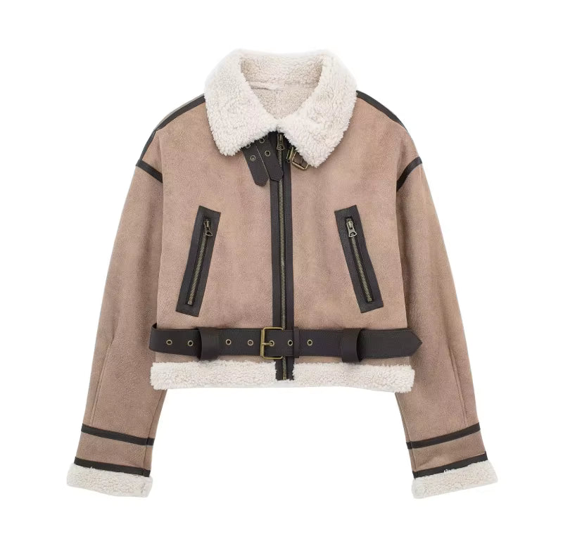Women’s Sheepskin-Style Thermal Bomber Jacket – Thick Vintage Winter Coat with Sash & Lapel