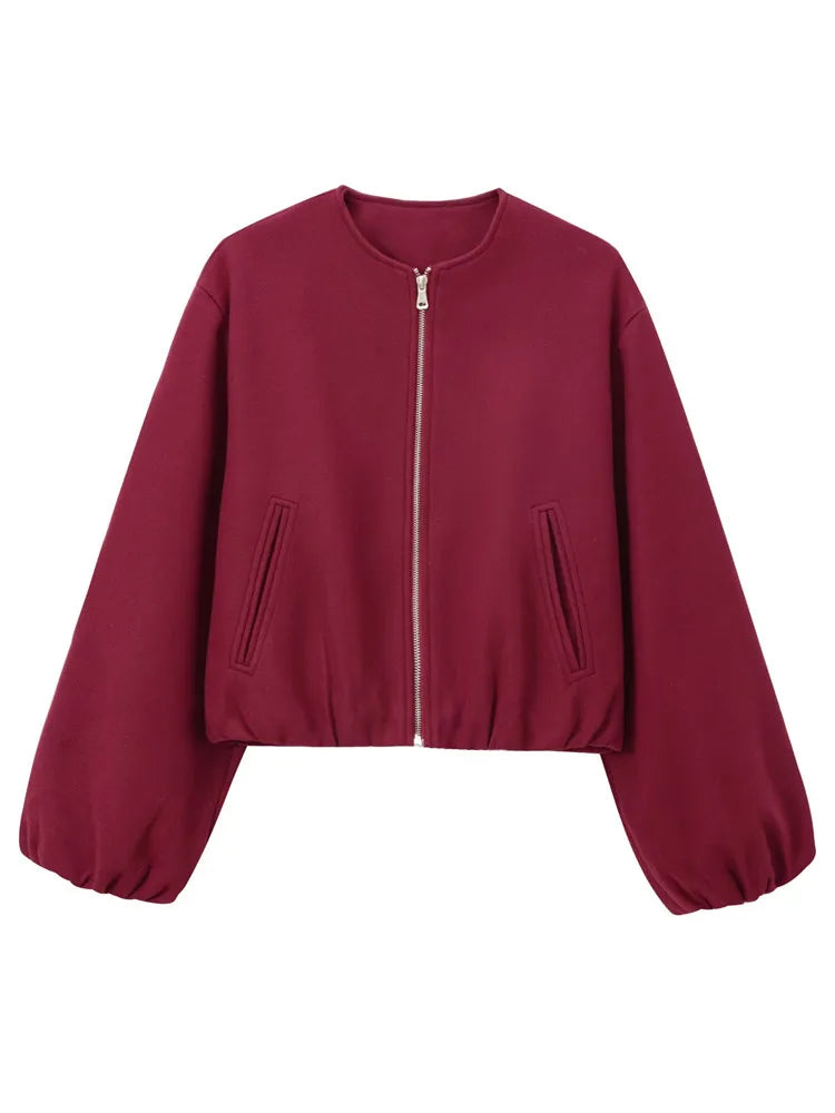 Dámská jarní pilotní bunda – vícebarevný ležérní kabát s výstřihem do O a dlouhým rukávem na zip