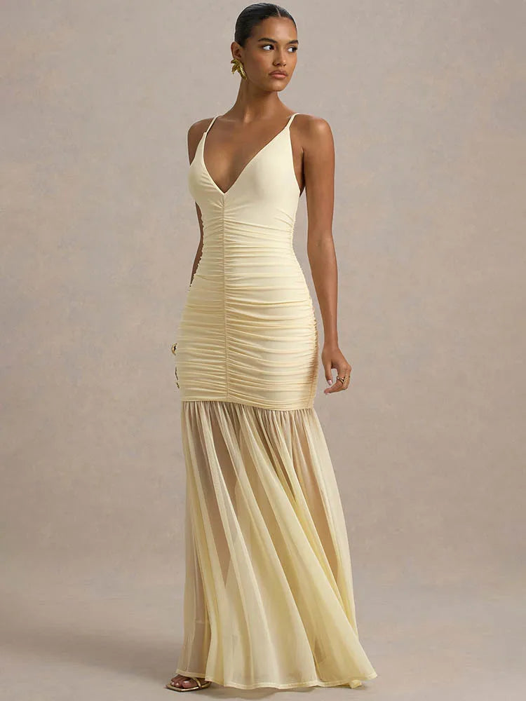 Backless Pleated Spaghetti Strap Maxi Dress – Elegant Ruched V-Neck Gown